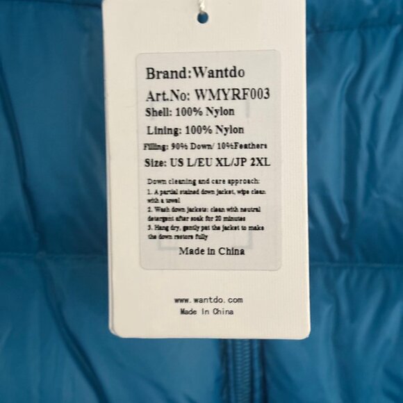 Wantdo Packable Down Puffer with Hood Turquoise | Size L | NWT - Picture 6 of 9